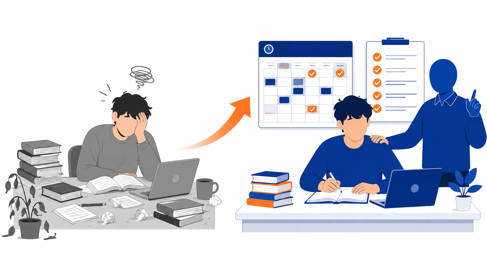 独学で挫折した社会人と、管理型学習環境でサポートを受けながら学ぶ状況を対比したイメージ